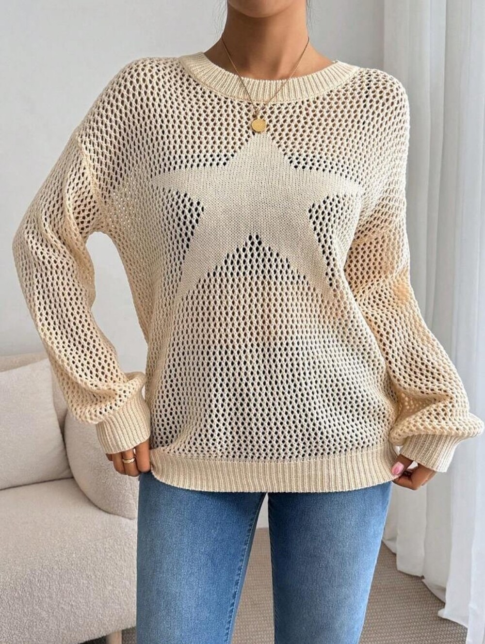 Cream Open Knit Star Graphic Crochet Pullover Sweater - Size Small